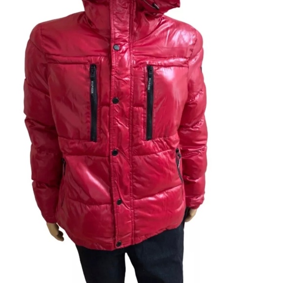 DESIGNER TH TOMMY HILFIGER MEN’S QUILTED PUFFER HOODED RED JACKET M MEDIUM - Picture 1 of 10
